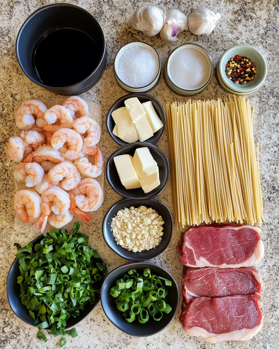 Ingredients for Savor the Best of Both Worlds: Irresistible Surf & Turf Garlic Noodles