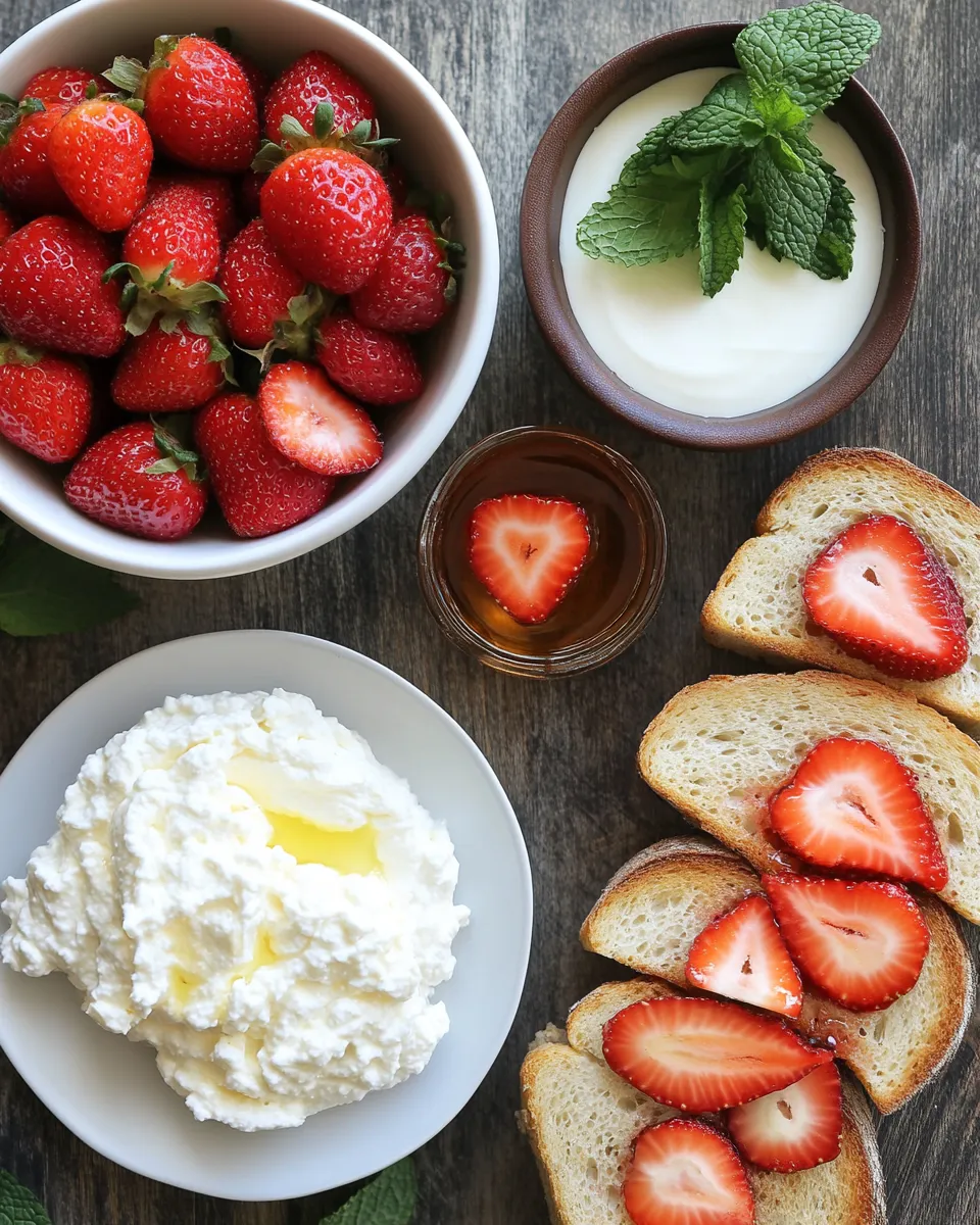 Ingredients for Indulgent Roasted Strawberry Whipped Ricotta Toasts