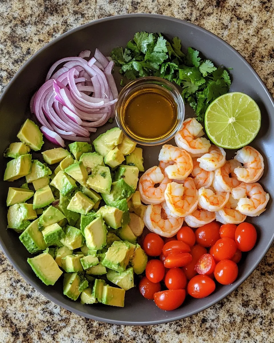 Ingredients for Zesty Lime Shrimp and Avocado Salad: A Mouthwatering Delight.