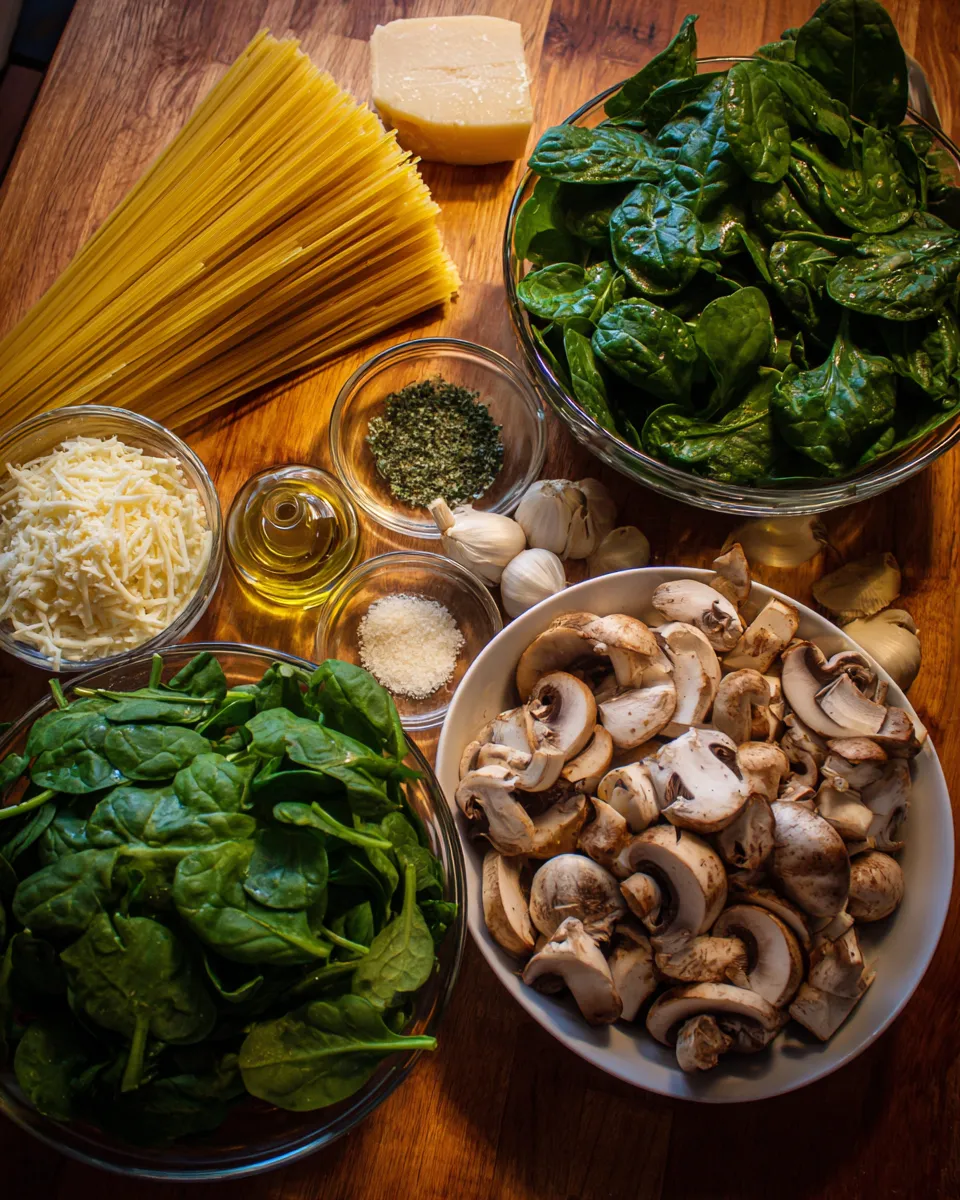 Ingredients for Indulgent Creamy Spinach Mushroom Pasta: A Decadent Delight