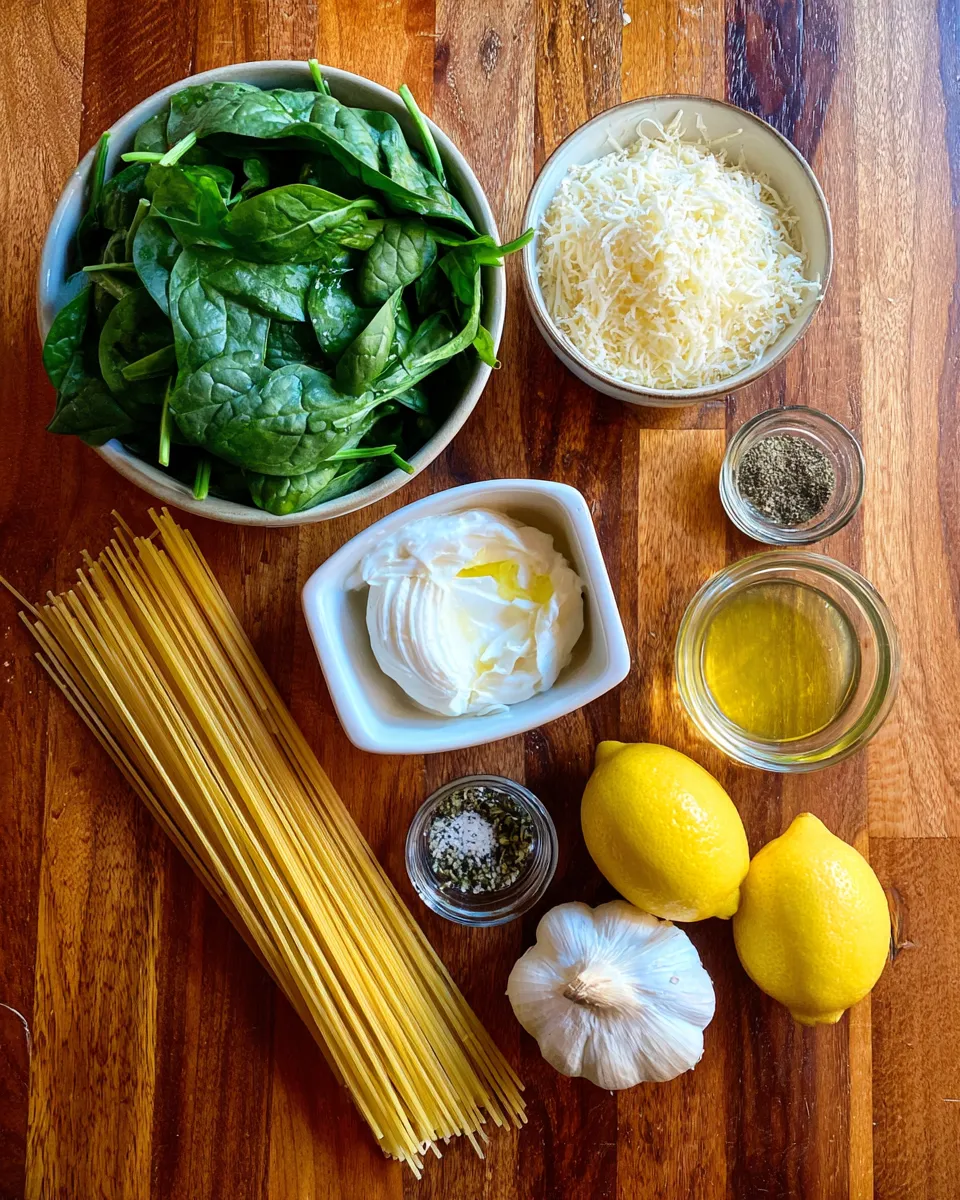 Ingredients for Zesty Lemon Ricotta Pasta with Fresh Spinach: A Flavorful Delight