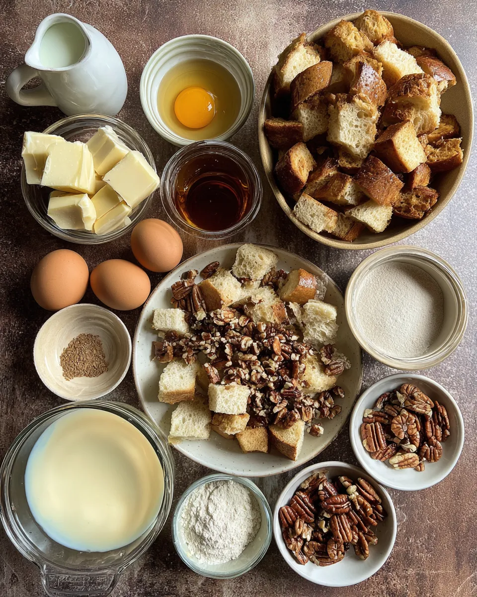 Ingredients for Indulgent Pecan Pie Bread Pudding Recipe