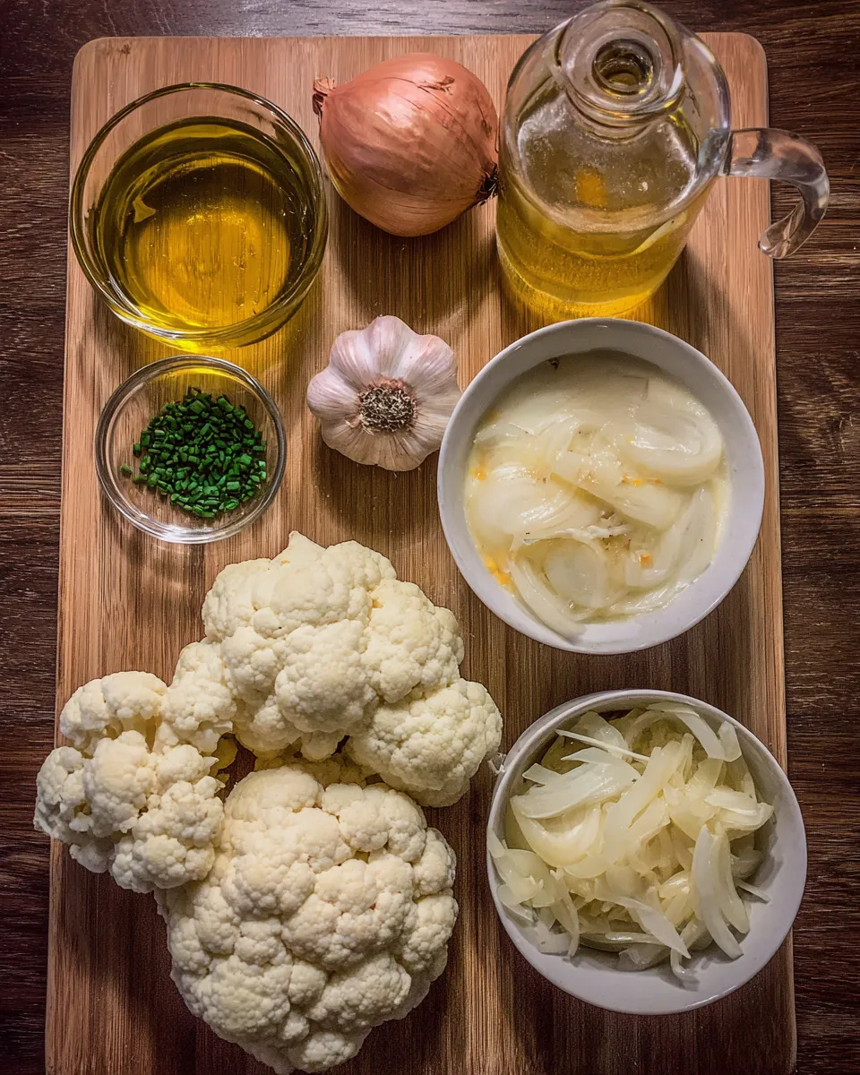 Ingredients for Savory Cheddar Cauliflower and Roasted Garlic Soup: A Creamy Comfort in Every Bite