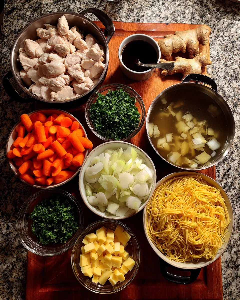 Ingredients for Savory Classic Ginger Garlic Chicken Noodle Soup: A Comforting Delight