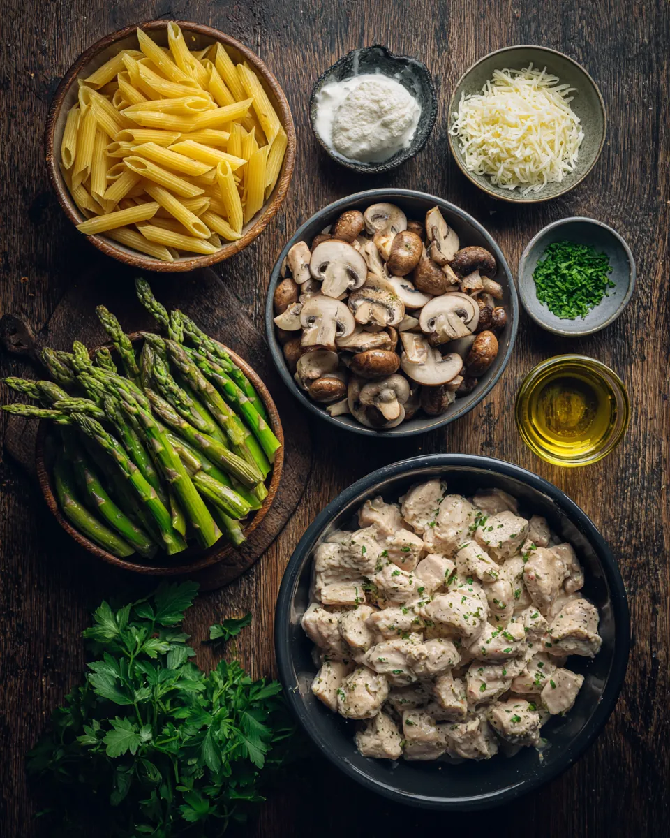 Ingredients for Indulgent Creamy Mushroom Asparagus Chicken Penne: A Decadent Delight