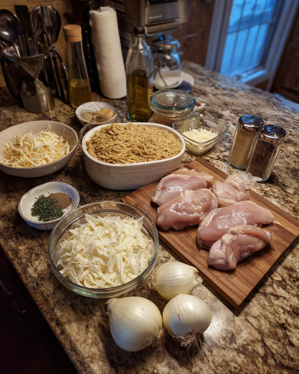 Ingredients for Irresistible French Onion Chicken Orzo Casserole: A Flavorful Twist on a Classic Dish