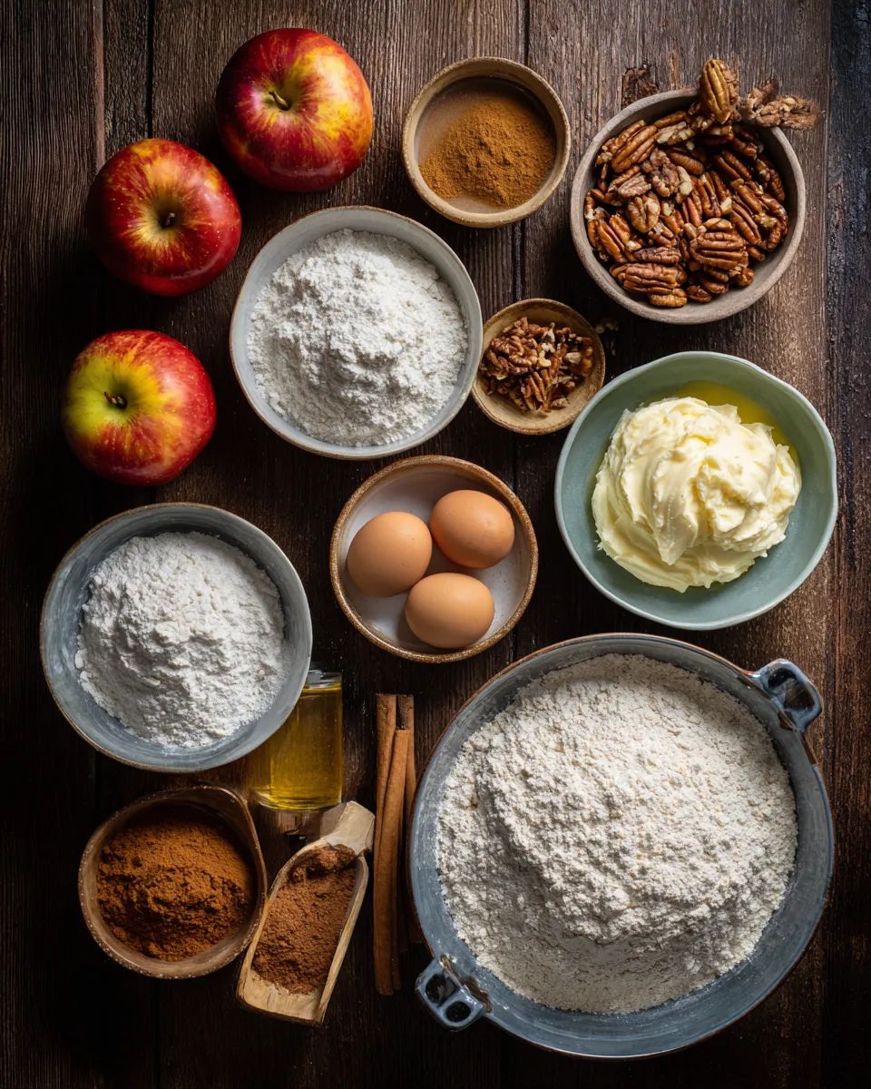 Ingredients for Irresistible Fresh Apple Cake with Cream Cheese Frosting: A Decadent Delight