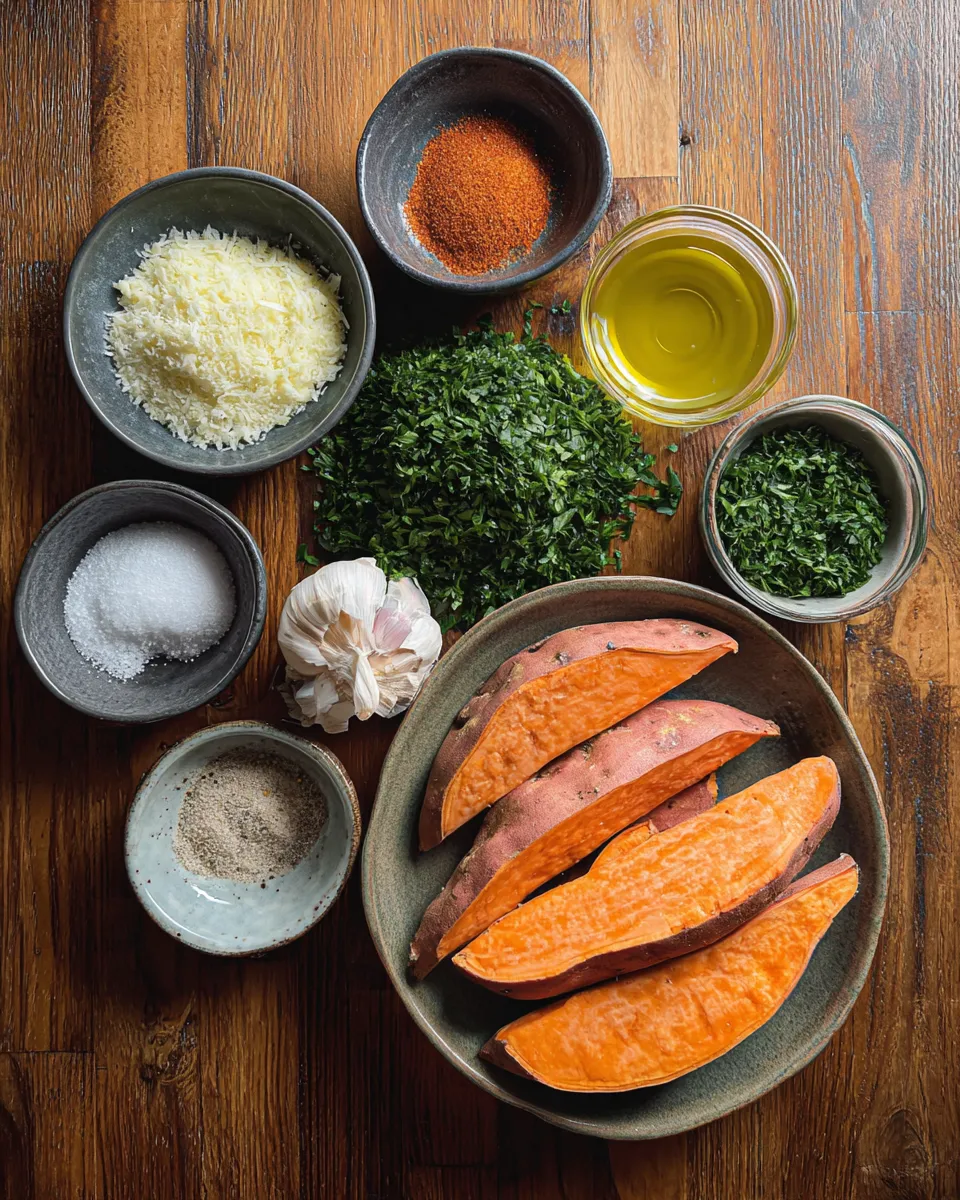 Ingredients for Irresistible Garlic Parmesan Sweet Potato Wedges: A Flavor Explosion