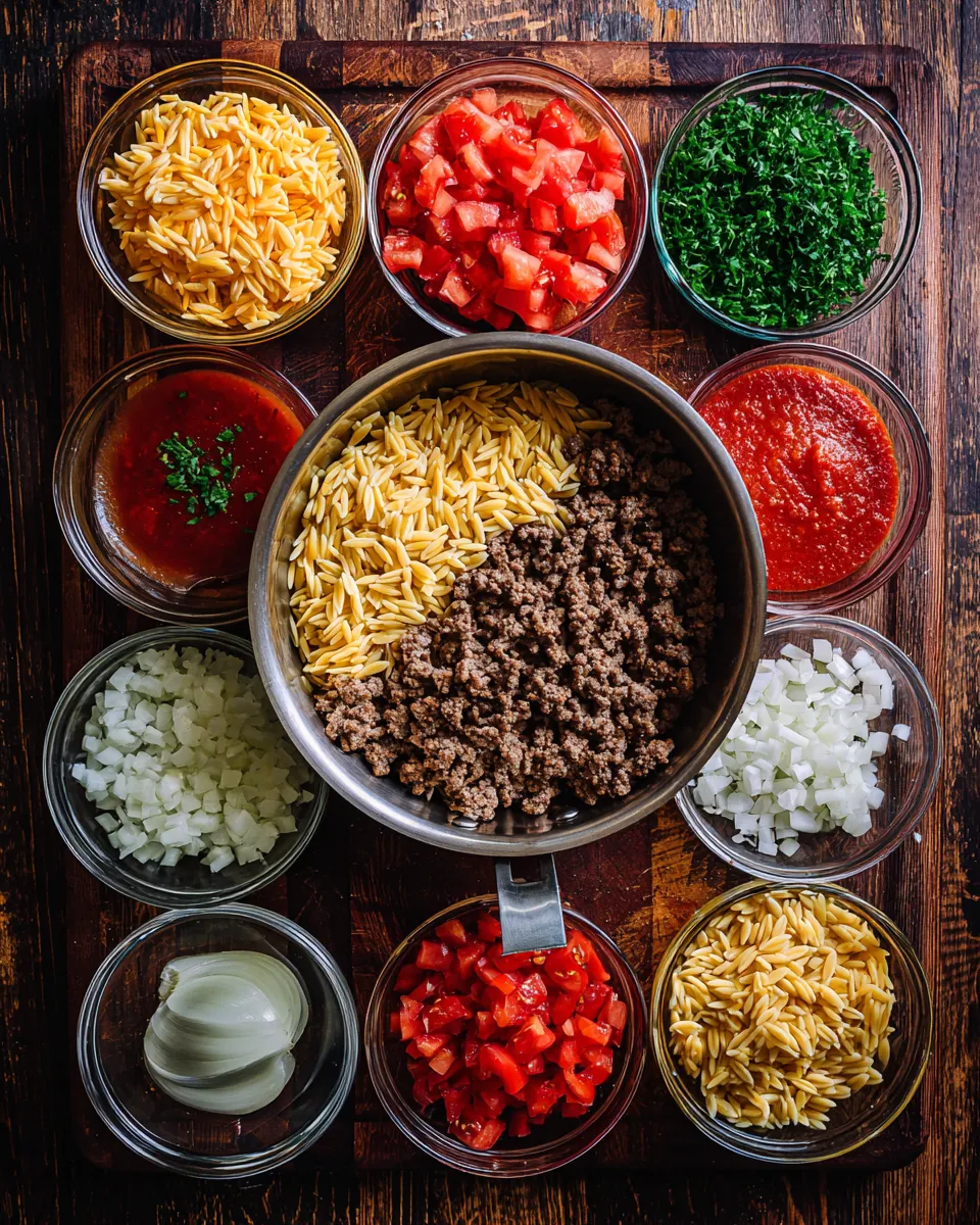 Ingredients for Cheesy Delight: One-Pot Cheeseburger Orzo Skillet Recipe