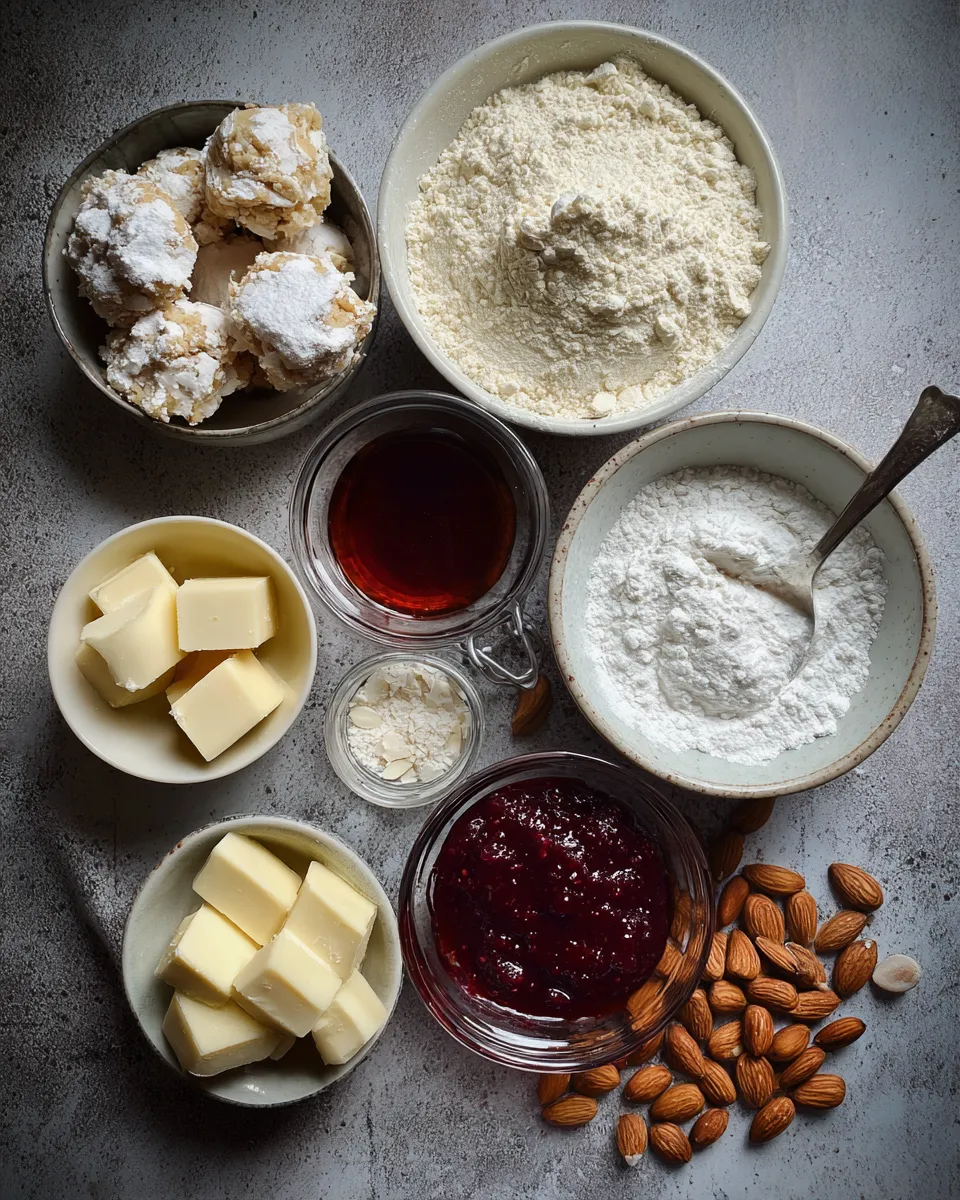 Ingredients for Deliciously Decadent Raspberry Almond Snowball Cookies