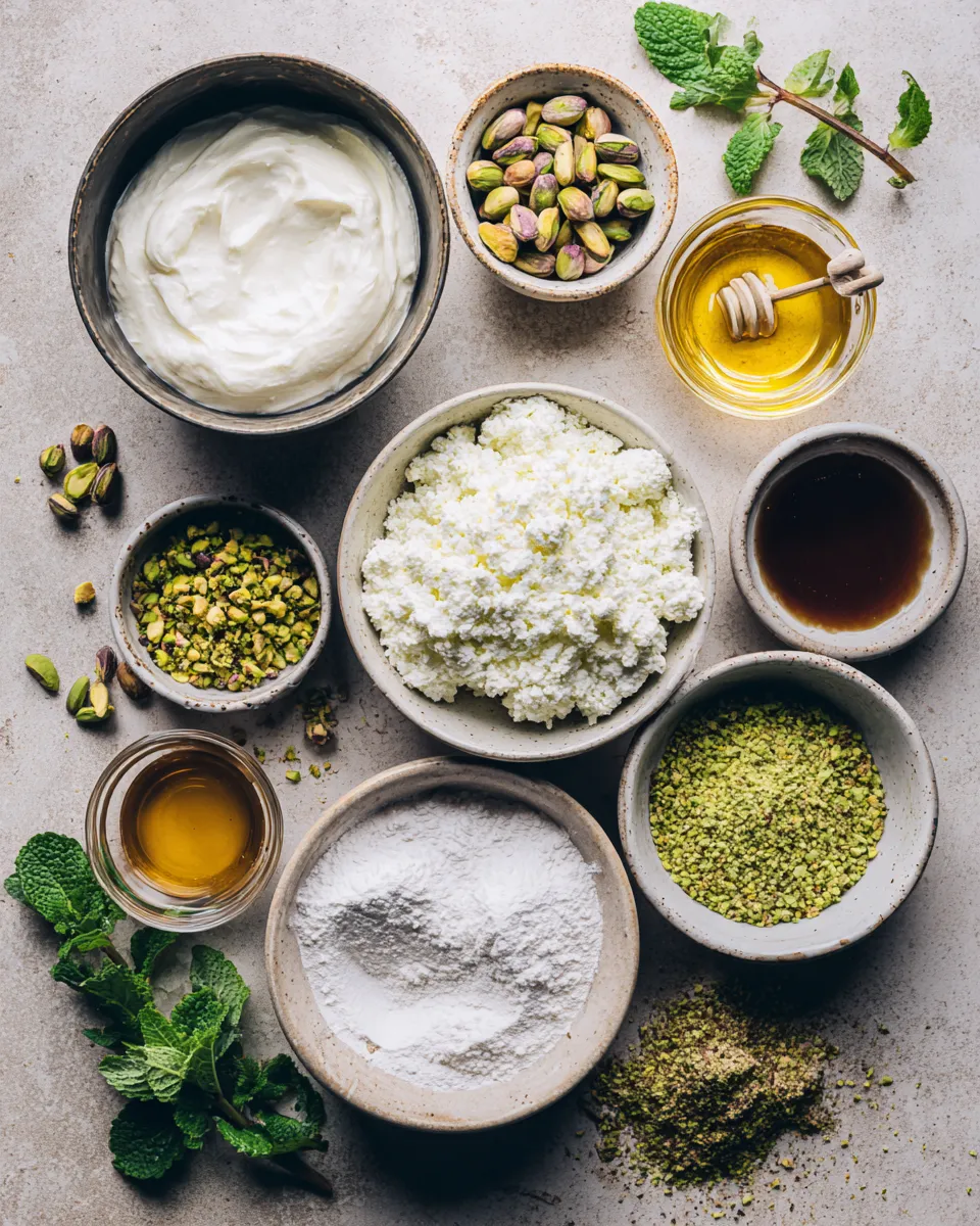 Ingredients for Irresistible Ricotta Pistachio Honey Bites: A Sweet Delight