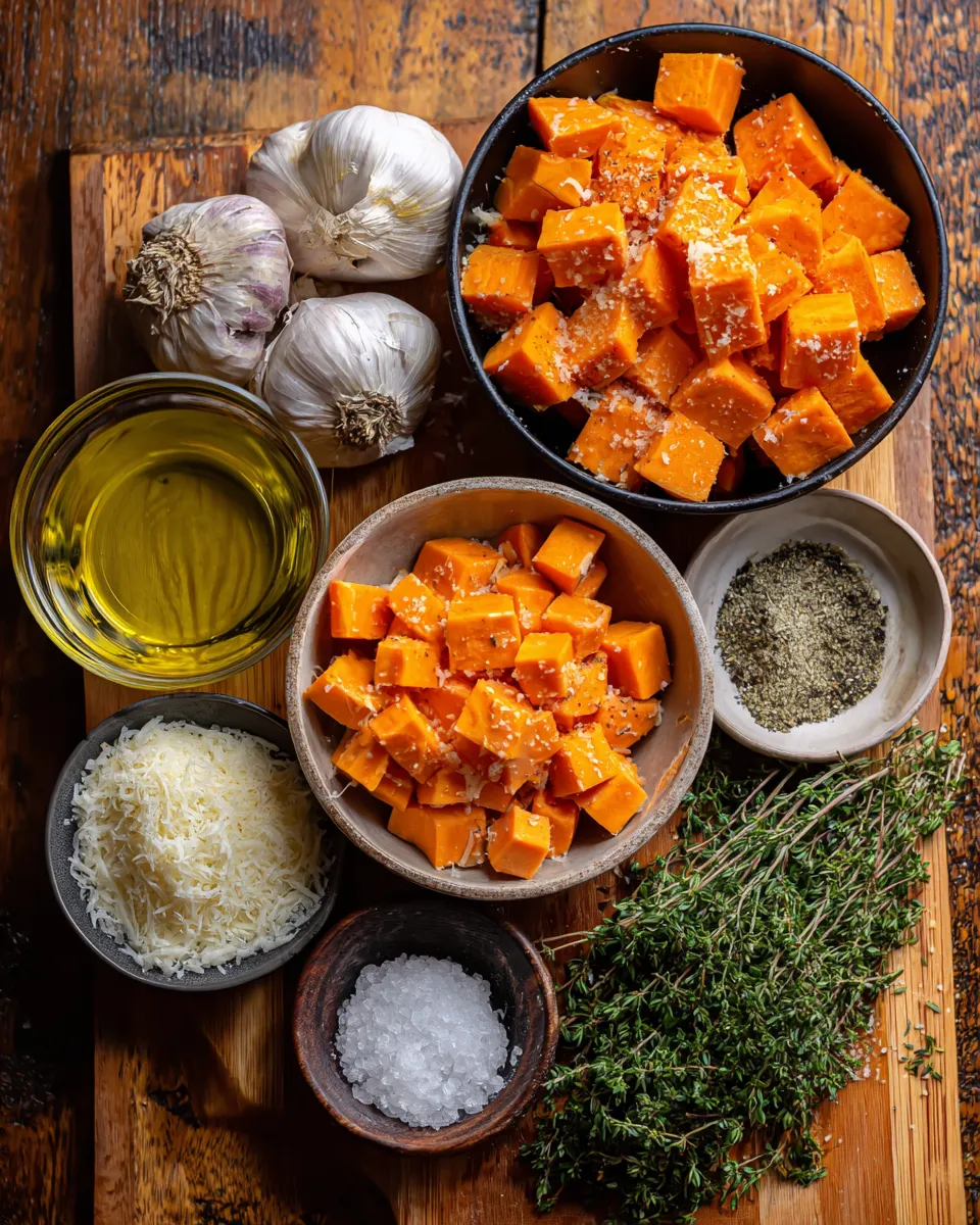Ingredients for Irresistible Roasted Sweet Potatoes with Garlic and Parmesan: A Flavor Explosion