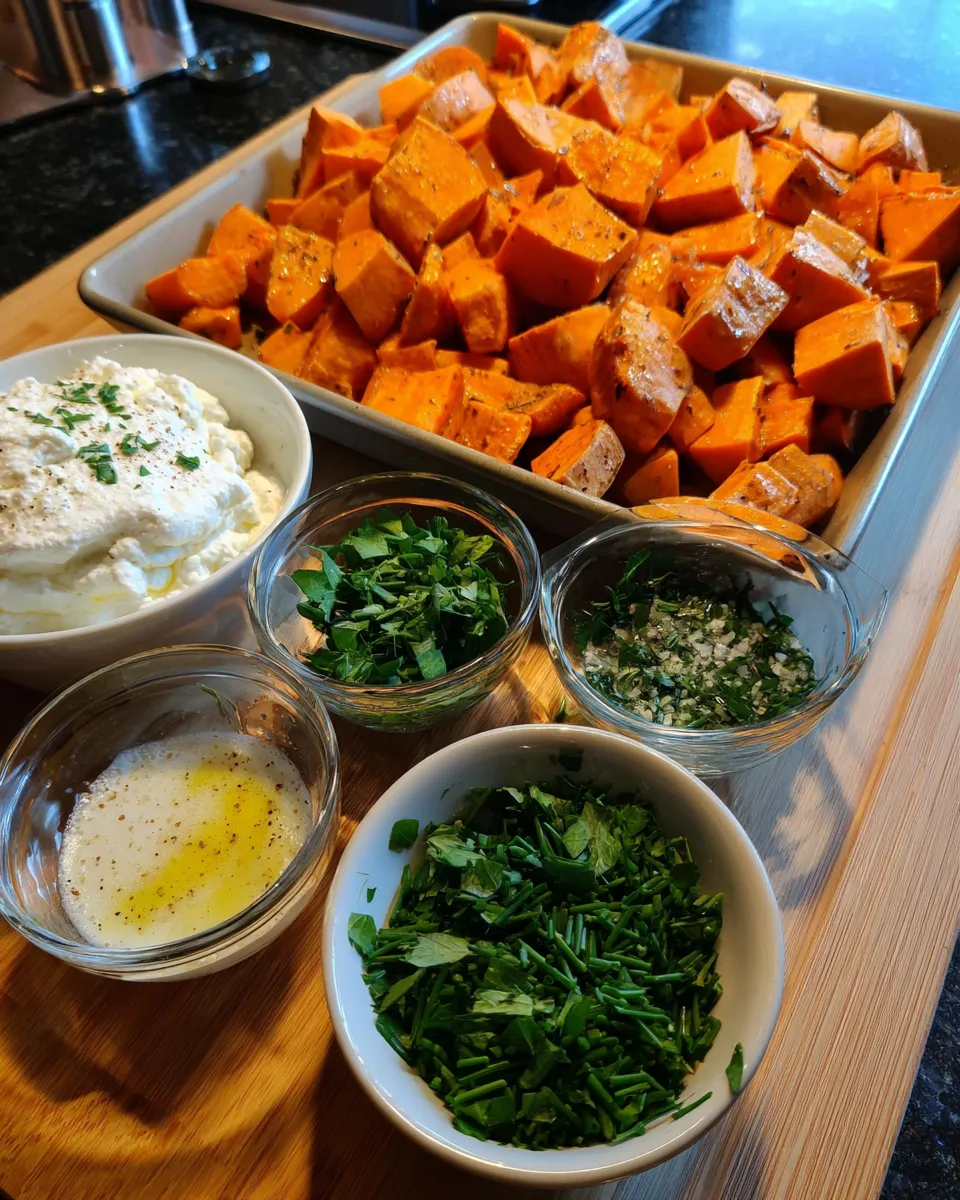 Ingredients for Irresistible Roasted Sweet Potatoes with Herbed Ricotta