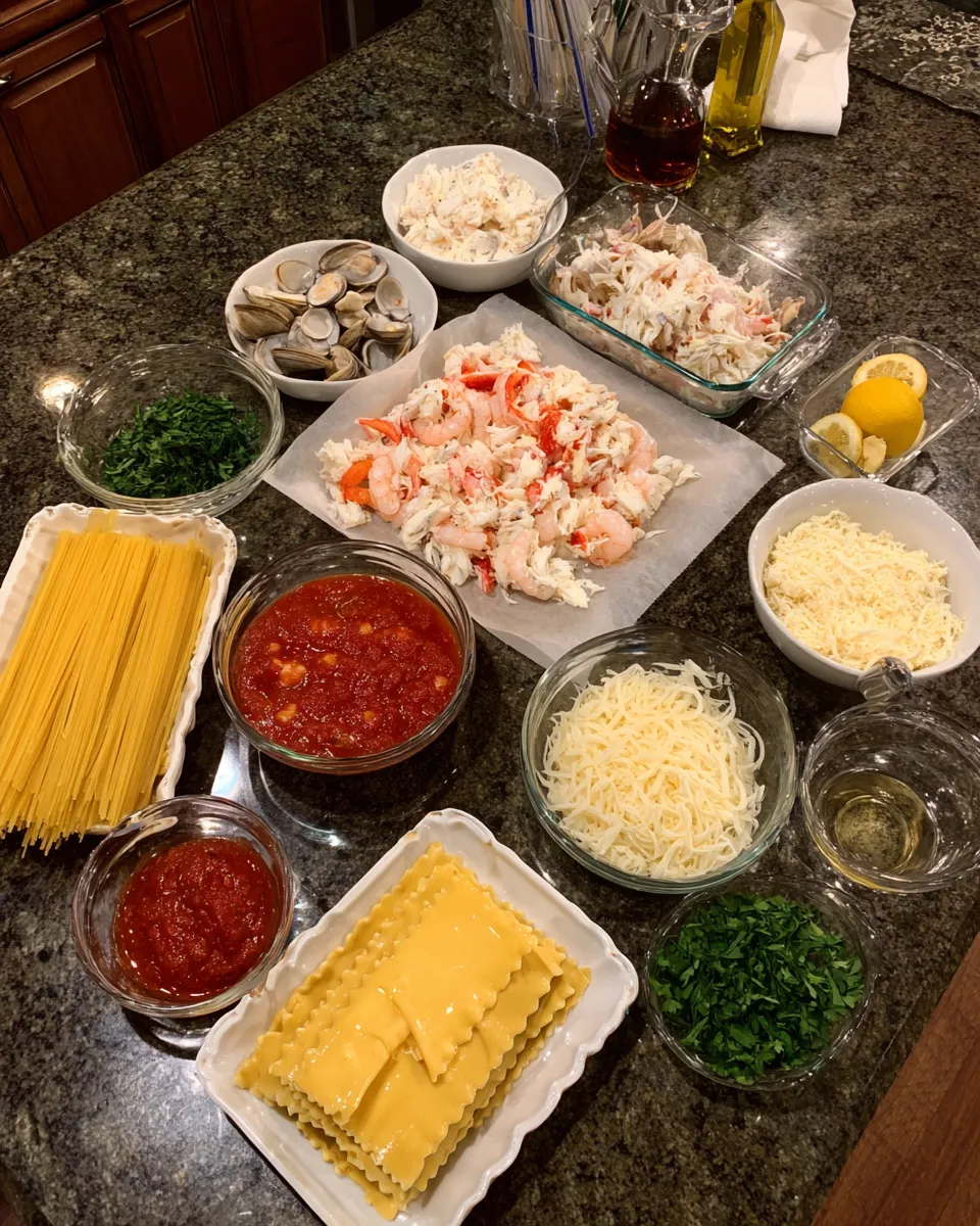 Ingredients for Indulgent Seafood Lasagna: Decadent Shrimp and Crab Delight
