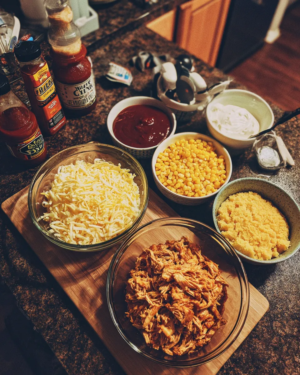 Ingredients for Smoky BBQ Chicken and Cornbread Casserole: A Mouthwatering Twist on Classic Comfort Food