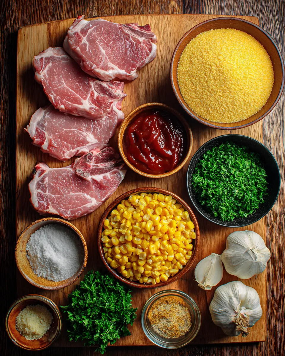 Ingredients for Sizzling BBQ Pork Chop and Cornbread Skillet: A Mouthwatering Delight