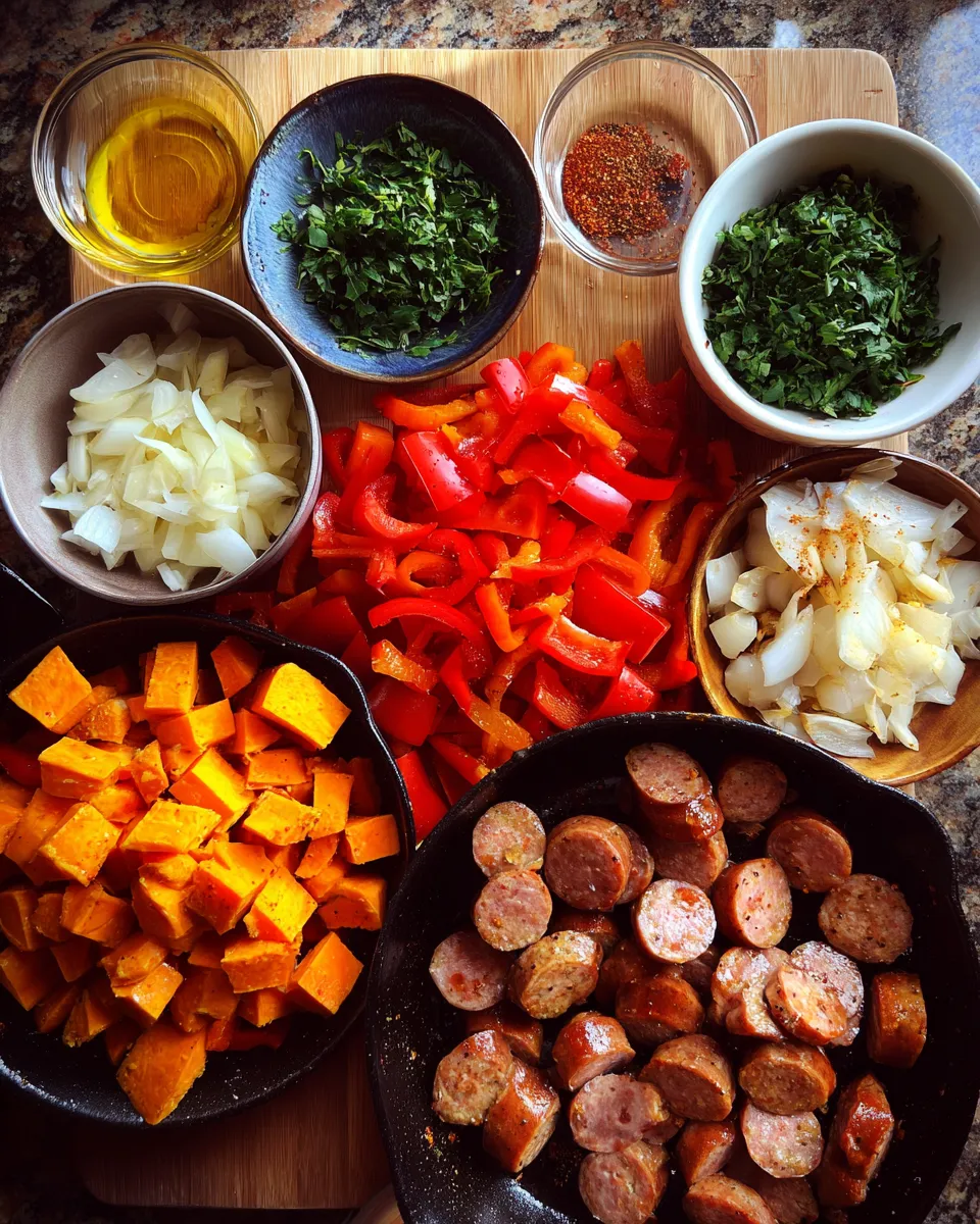 Ingredients for Sizzling Cajun Sweet Potato and Sausage Hash: A Flavor Explosion