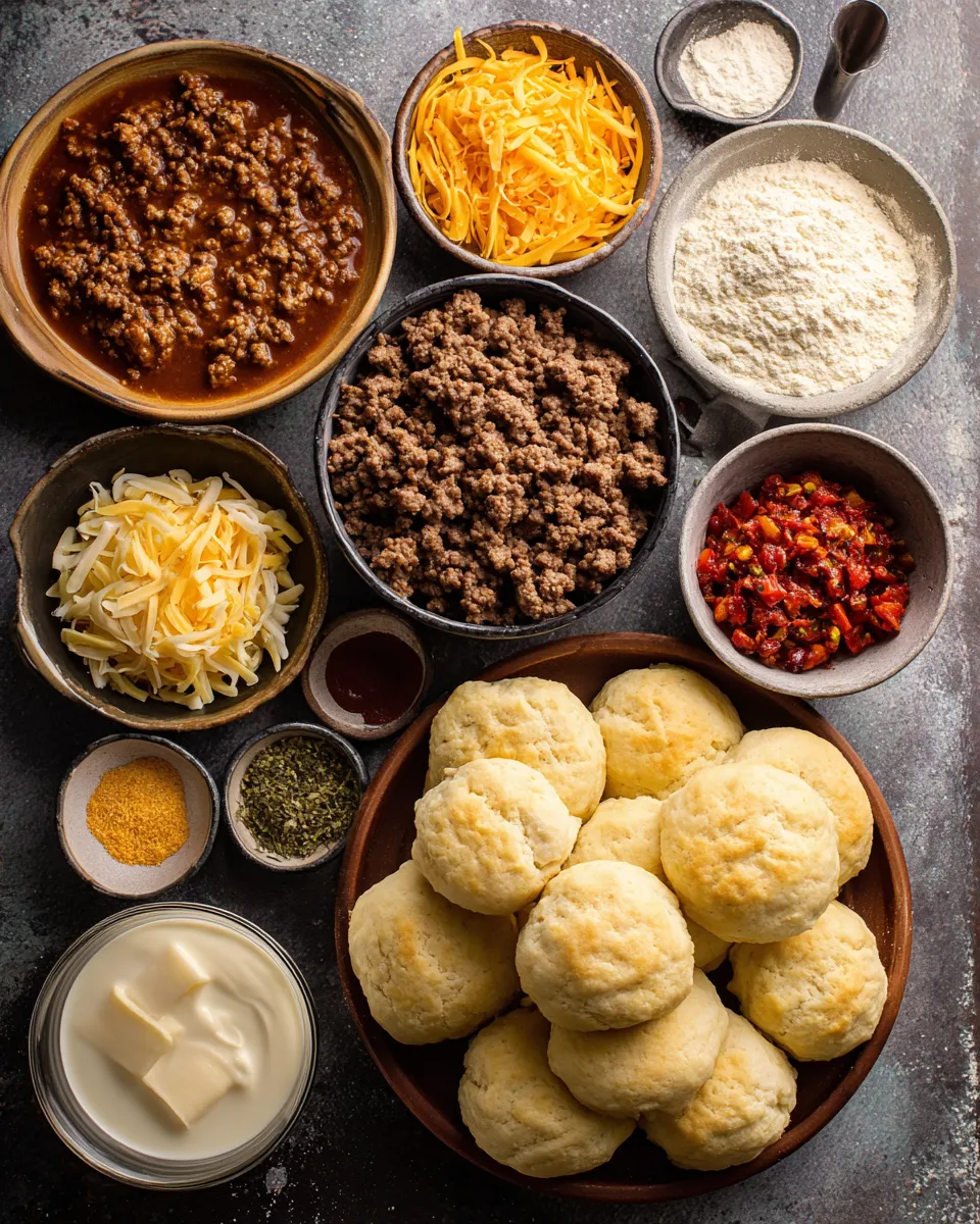 Ingredients for Ultimate Cheesy Ground Beef Biscuit Bake: A Comforting Delight