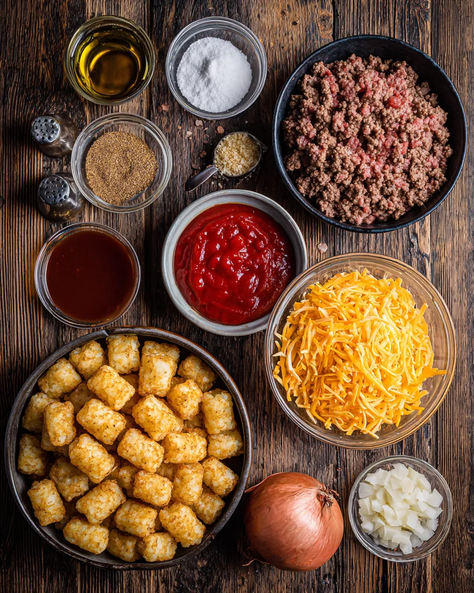 Ingredients for Irresistibly Cheesy Sloppy Joe Tater Tot Casserole