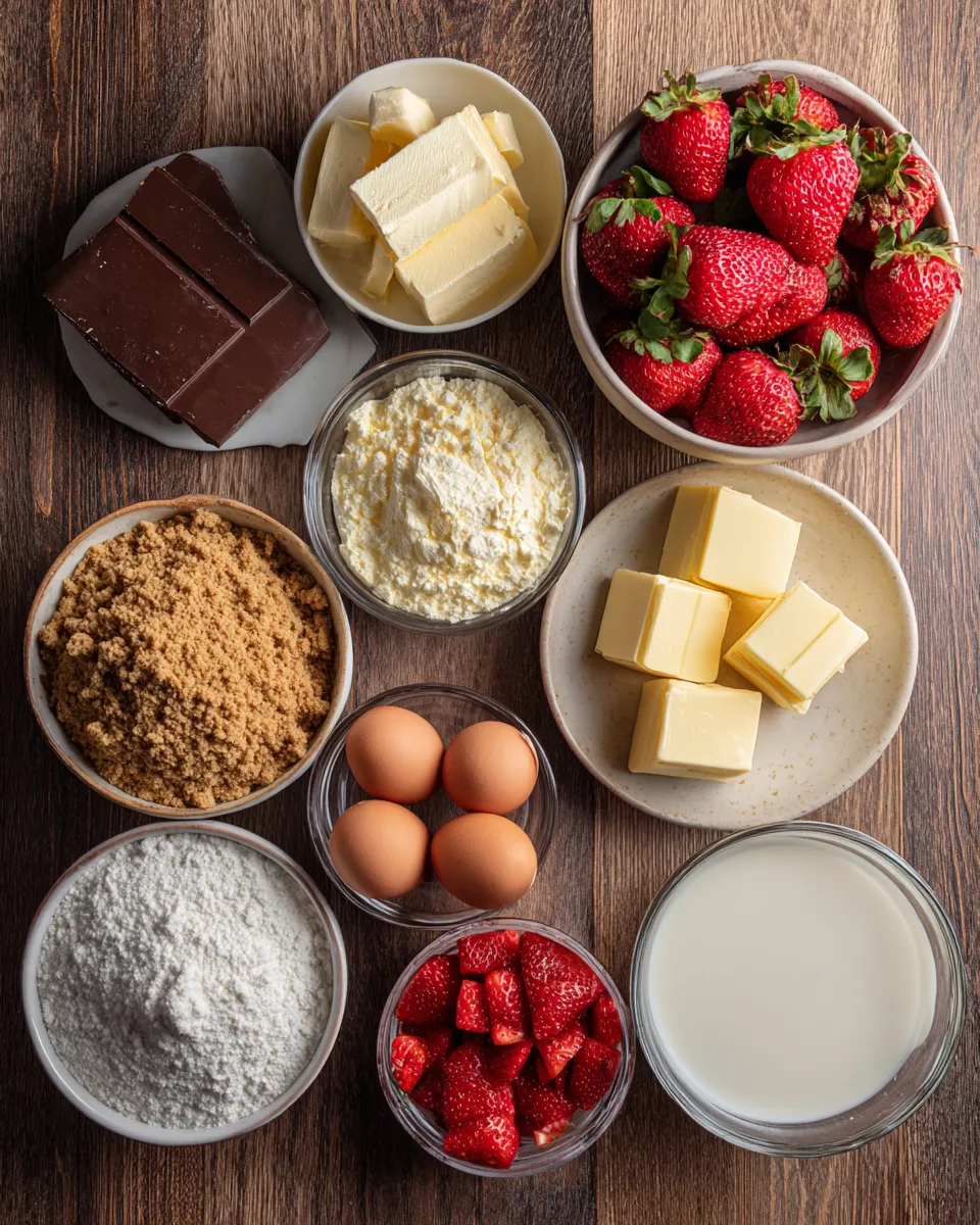 Ingredients for Indulgent Chocolate Dipped Strawberry Cheesecake Bars