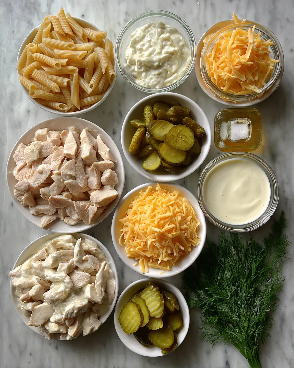 Ingredients for Indulgent Creamy Dill Pickle Chicken Pasta Recipe