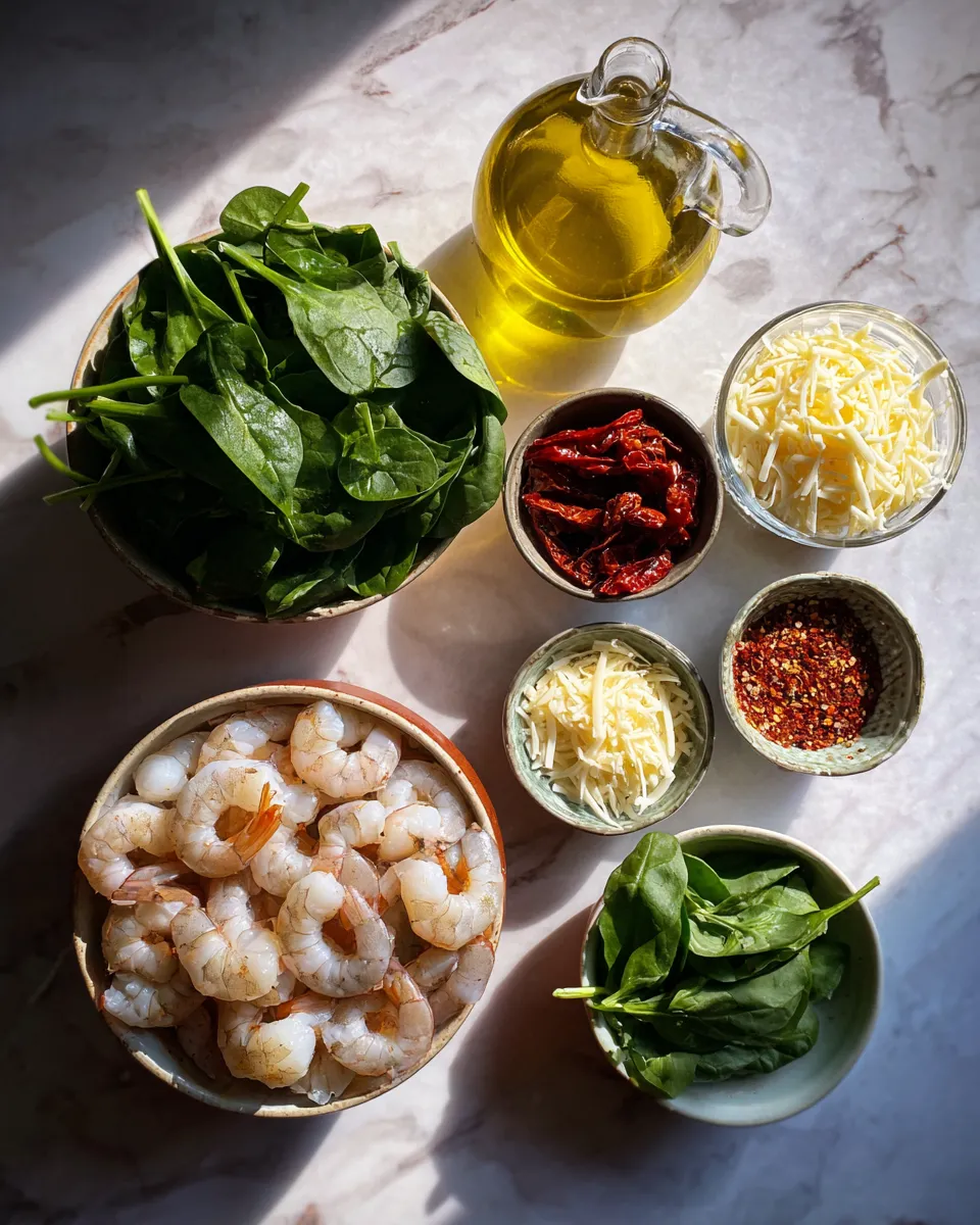 Ingredients for Indulgent Creamy Tuscan Shrimp and Spinach Bake: A Decadent Delight