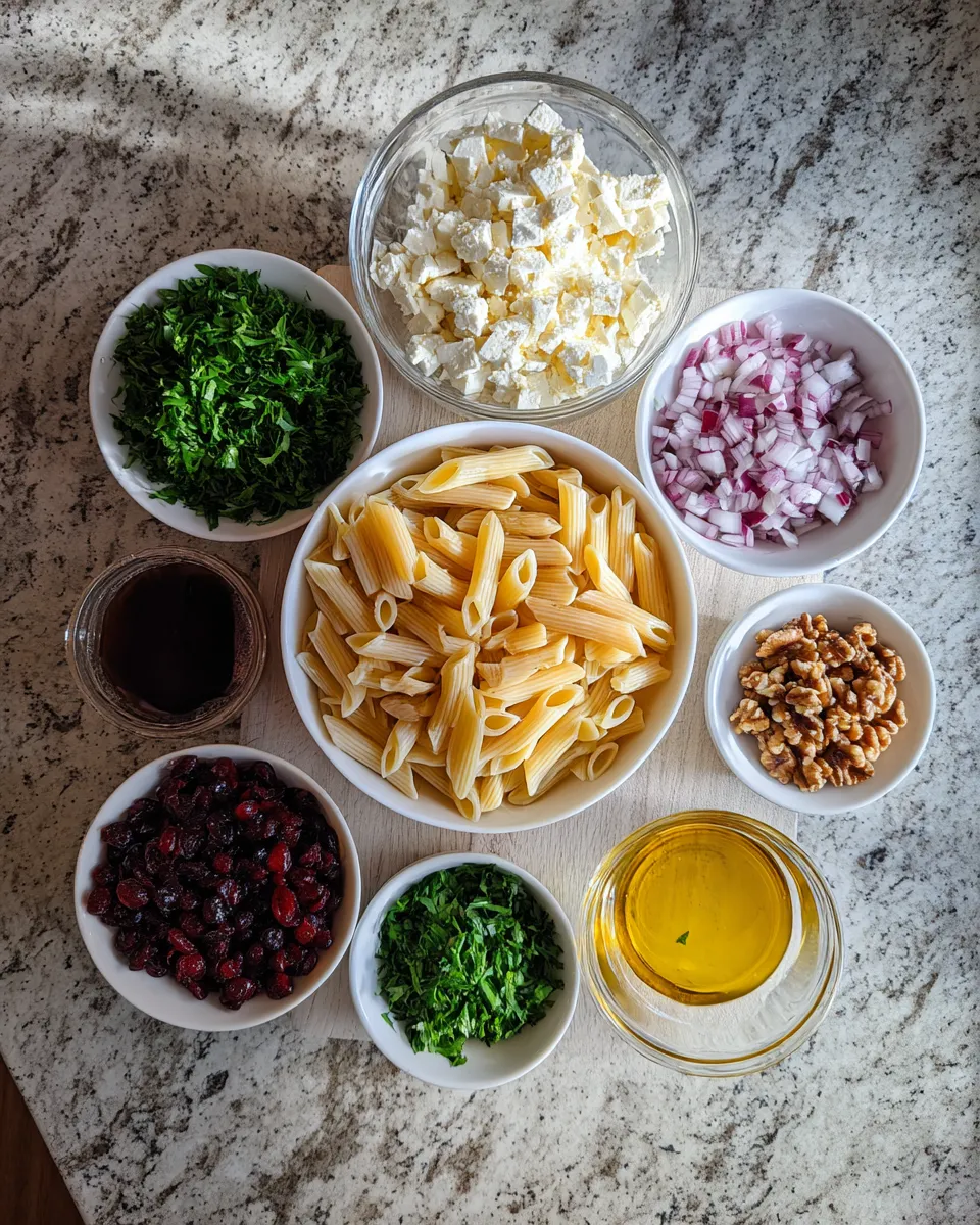 Ingredients for Deliciously Tangy Feta Cranberry Penne Salad