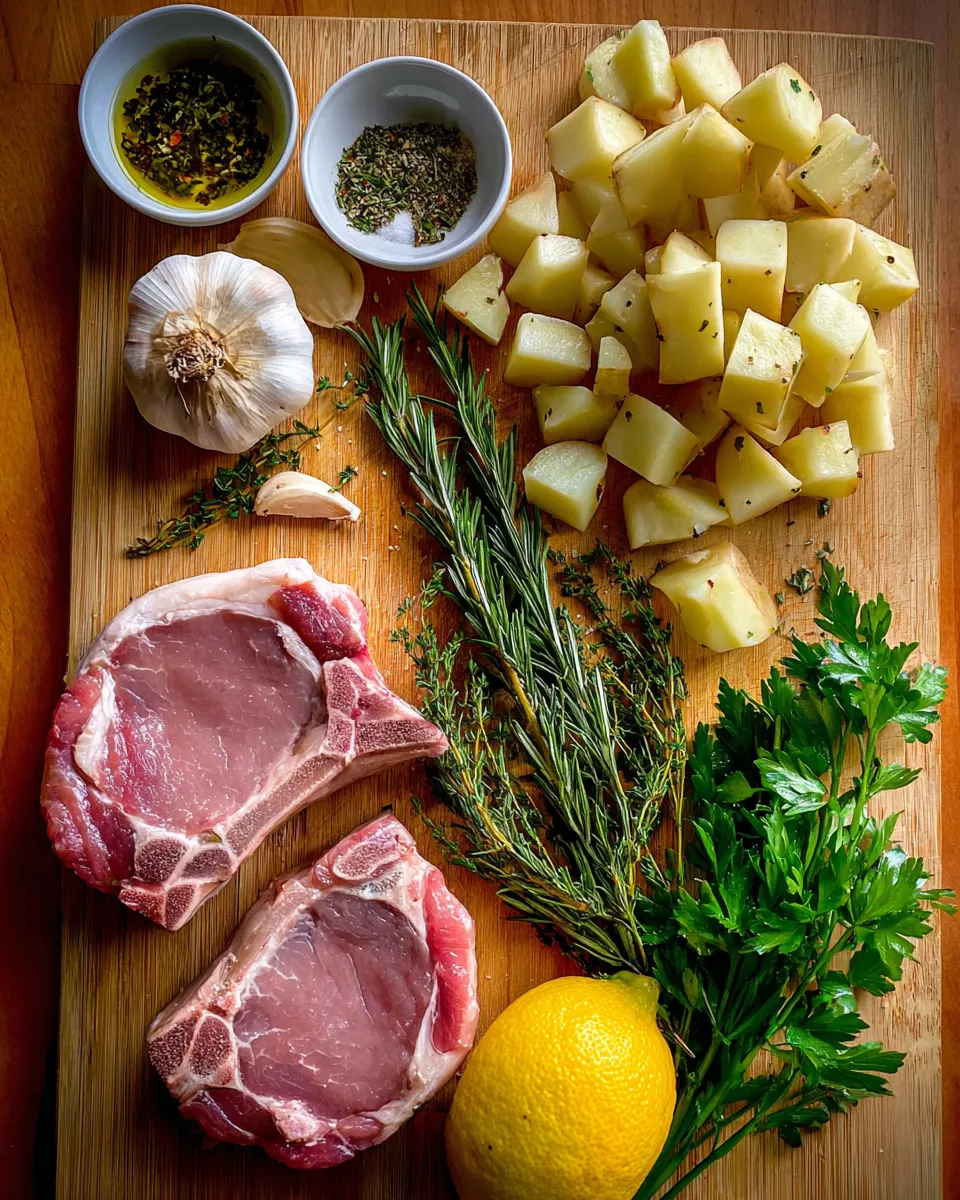 Ingredients for Flavorful Garlic Herb Pork Chops and Potatoes: A Delicious Dinner Delight