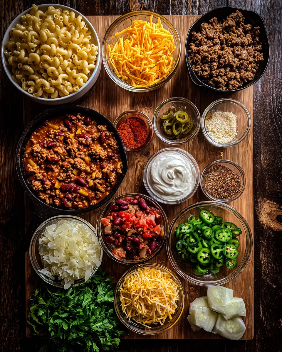 Ingredients for Indulgent Loaded Chili Mac and Cheese Skillet: A Flavor Explosion