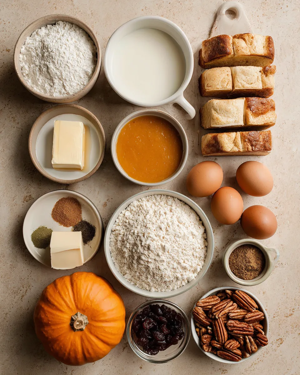 Ingredients for Indulgent Maple Pecan Pumpkin Bread Pudding: A Decadent Fall Treat