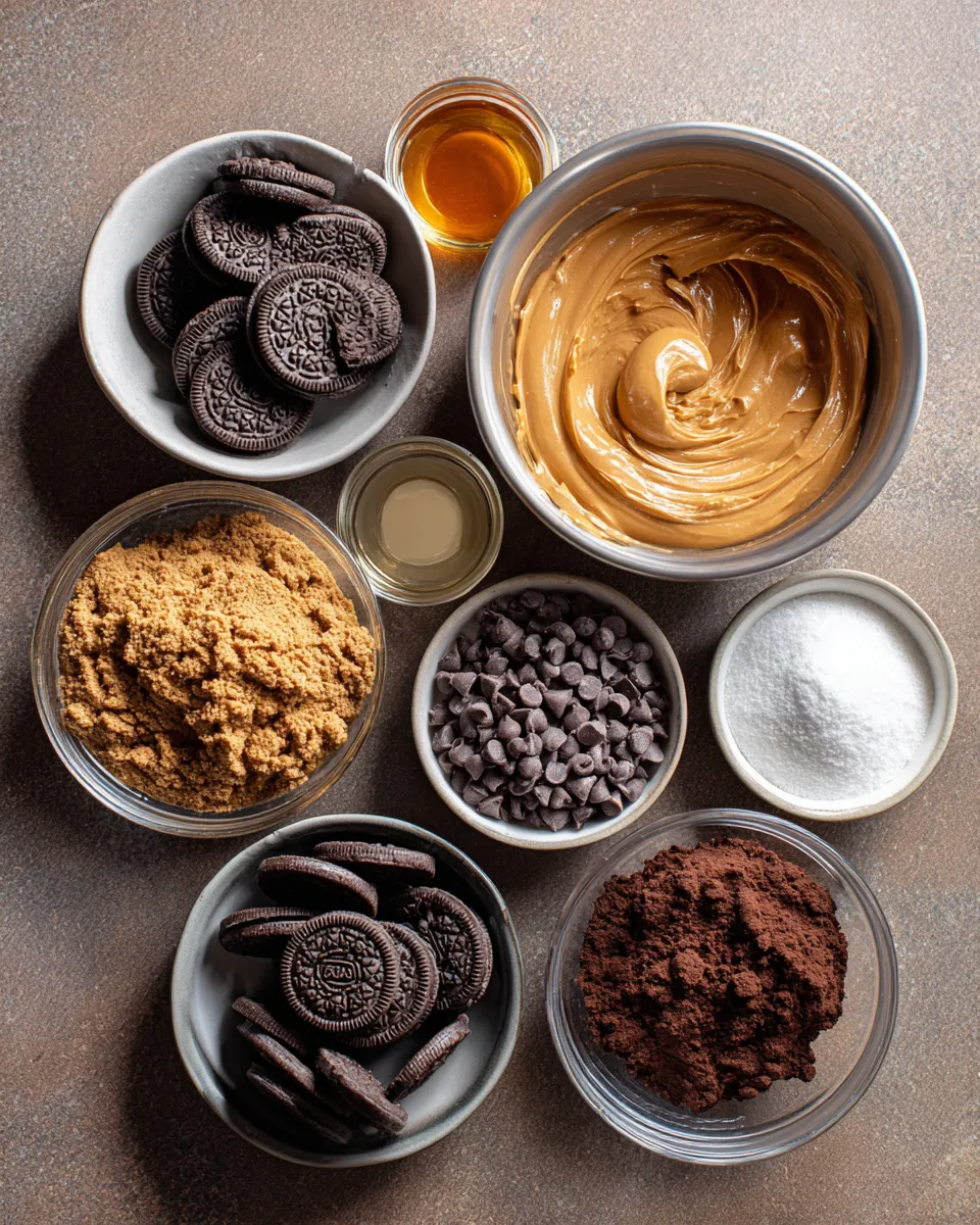 Ingredients for Indulgent No-Bake Oreo Peanut Butter Bars: Heavenly and Easy Treats