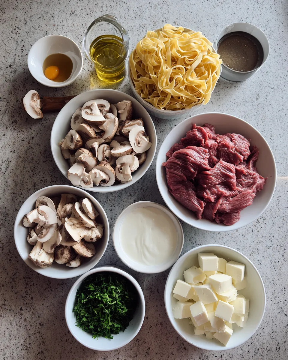 Ingredients for Irresistible One-Pan Creamy Mushroom Beef Stroganoff