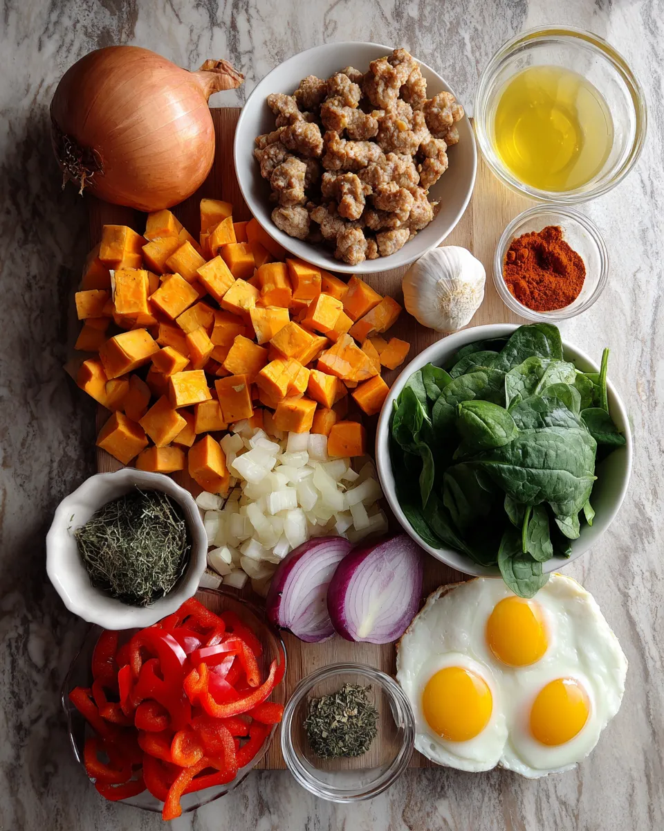 Ingredients for Hearty Sausage and Sweet Potato Breakfast Hash: A Flavorful Morning Delight