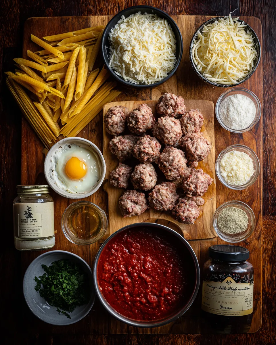 Ingredients for Savory Smothered Meatball and Pasta Bake: A Cheesy Delight