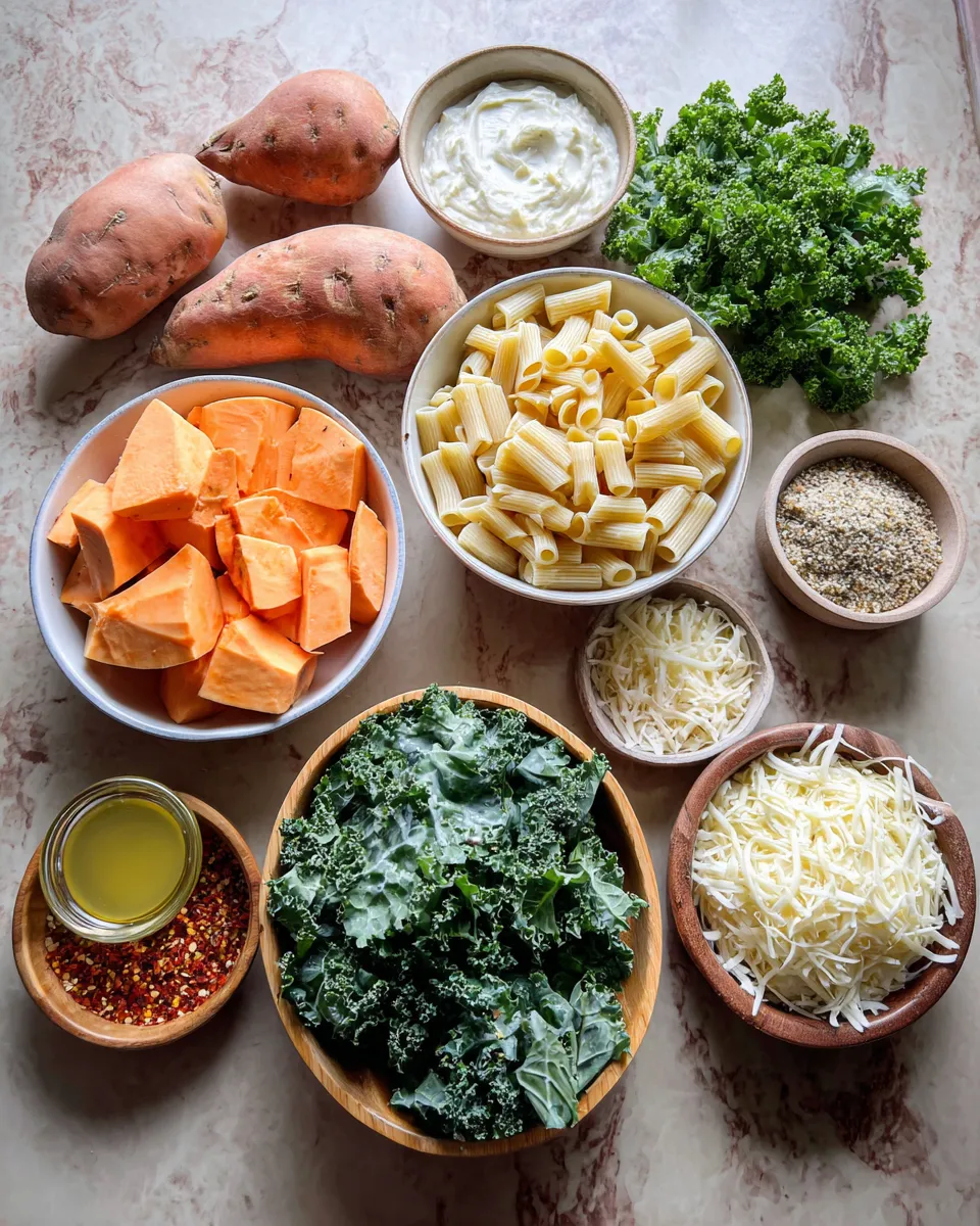 Ingredients for Indulgent Sweet Potato and Kale Alfredo Bake: A Decadent Twist on Comfort Food