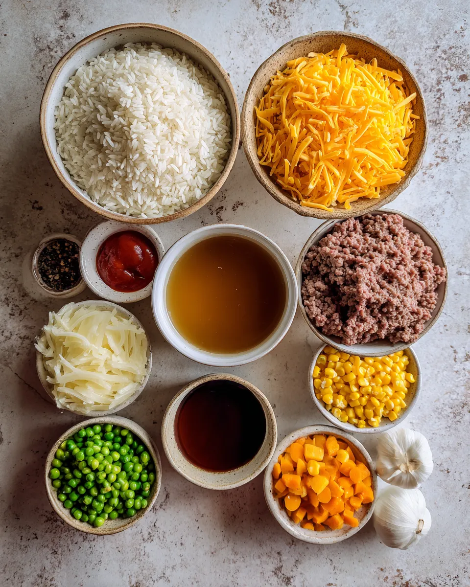 Ingredients for Deliciously Cheesy Hamburger Rice Casserole: A Mouth-Watering Comfort Food Recipe