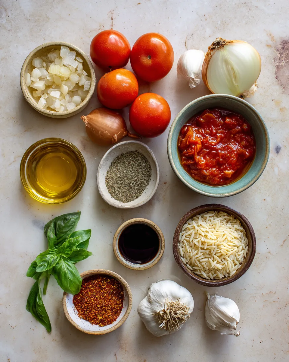 Ingredients for Flavorful Fire-Roasted Tomato Basil Orzo Soup Recipe