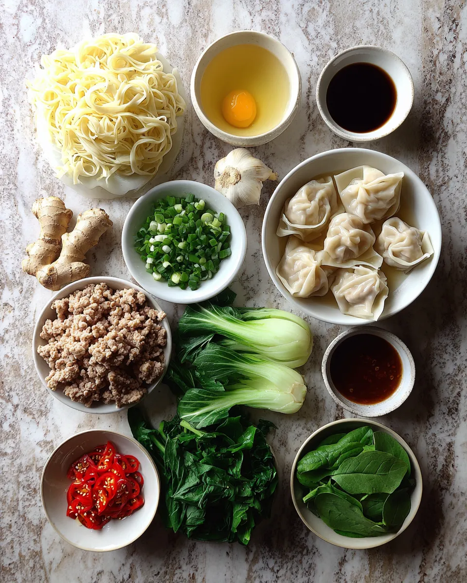 Ingredients for Savory Ginger Sesame Wonton Noodle Soup Recipe