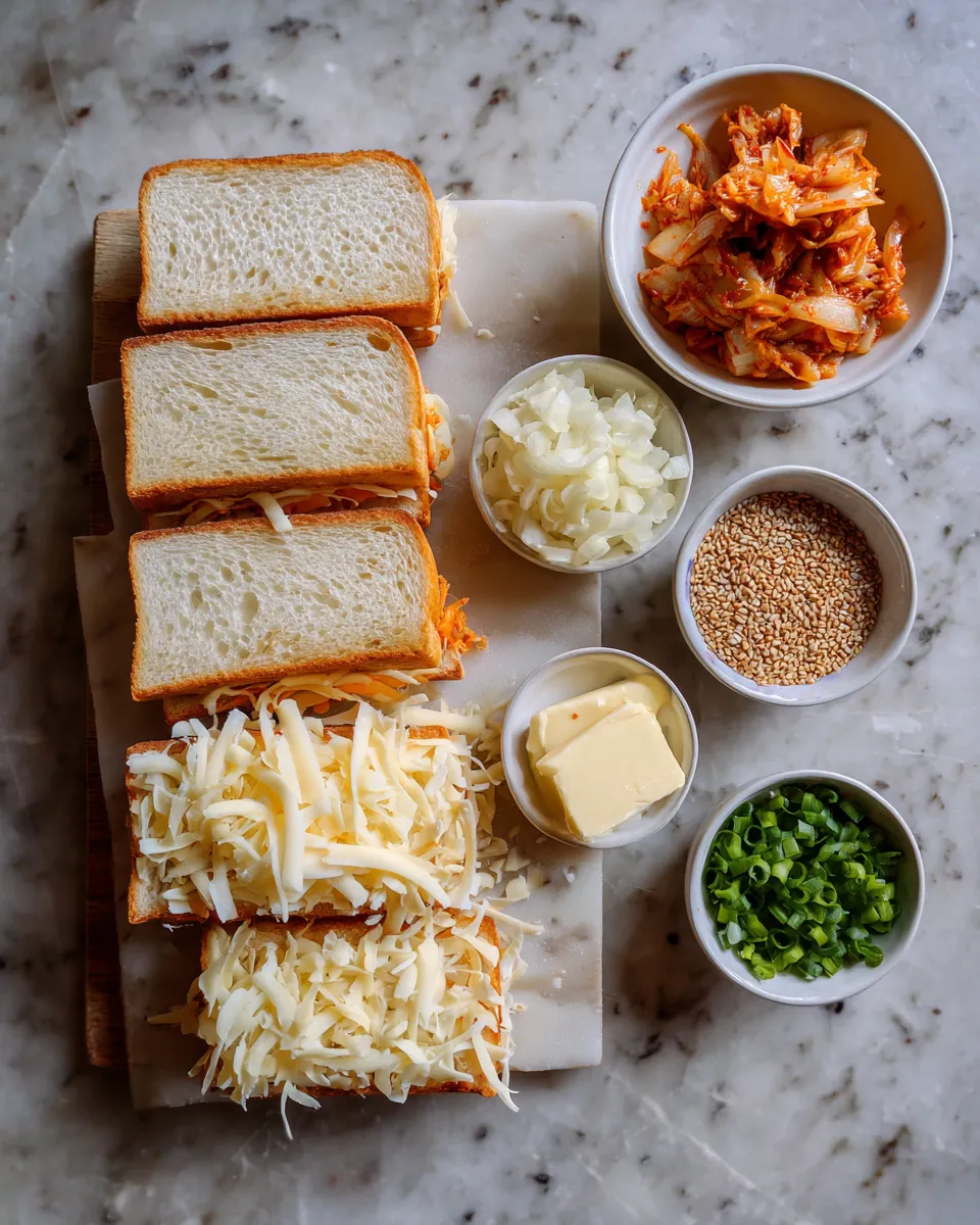 Ingredients for Sizzling Kimchi Grilled Cheese Squares: A Spicy Twist on a Classic Comfort Food