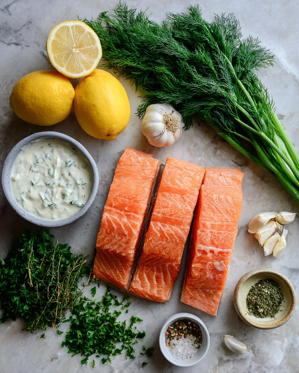 Ingredients for Delicious Lemon Herb Grilled Salmon with Dill Sauce: A Refreshing Twist on Seafood