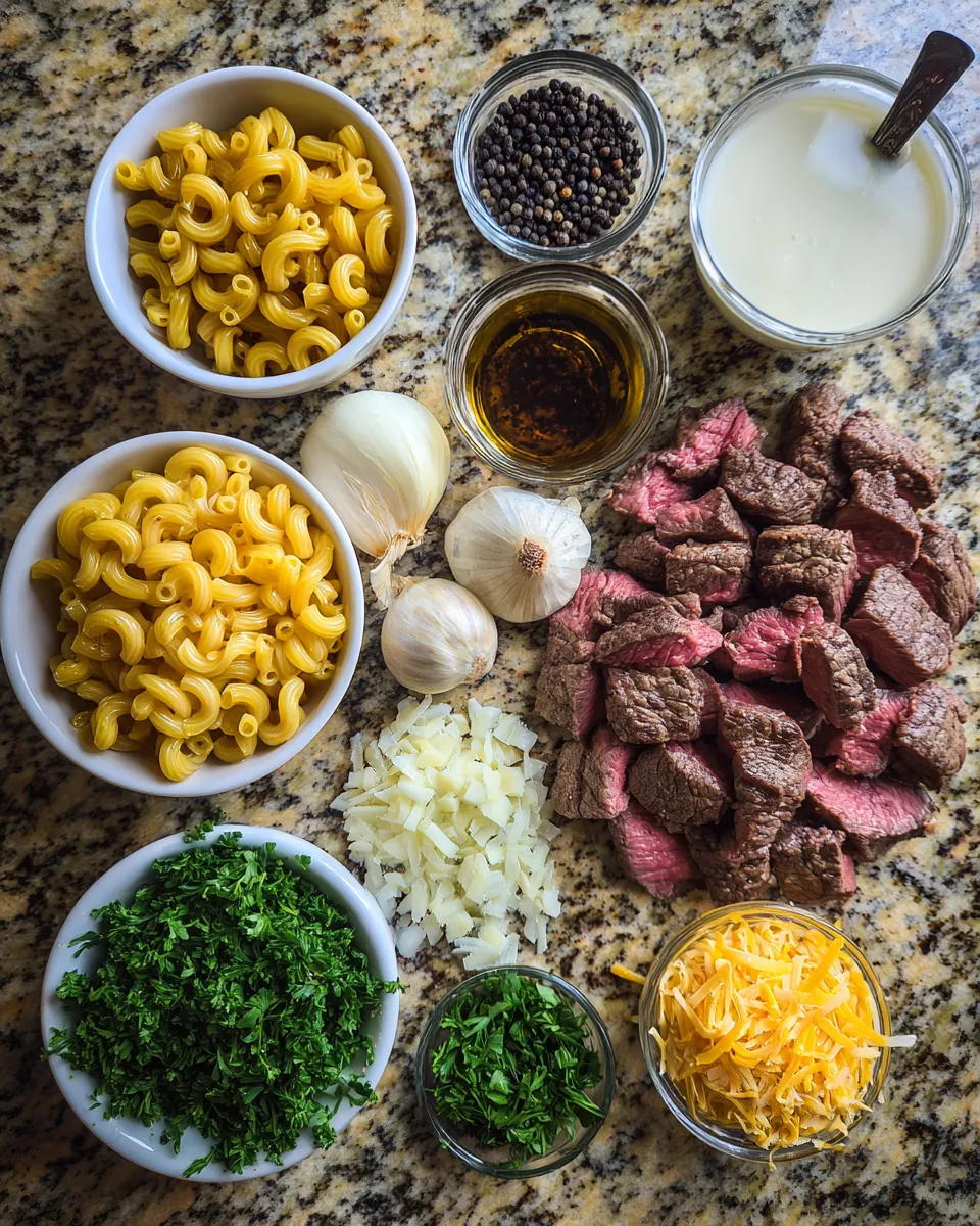 Ingredients for Sizzling Peppercorn Steak and Macaroni Skillet: A Flavor Explosion