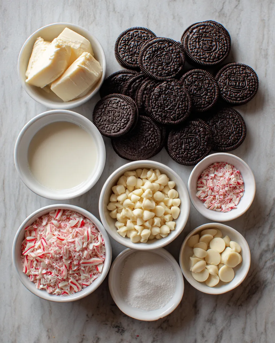 Ingredients for Indulgent Peppermint Bark Oreo Cheesecake Cups: A Decadent Holiday Treat