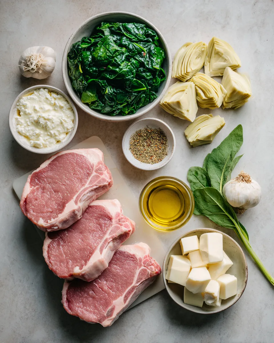 Ingredients for Deliciously Decadent Spinach Artichoke Stuffed Pork Chops