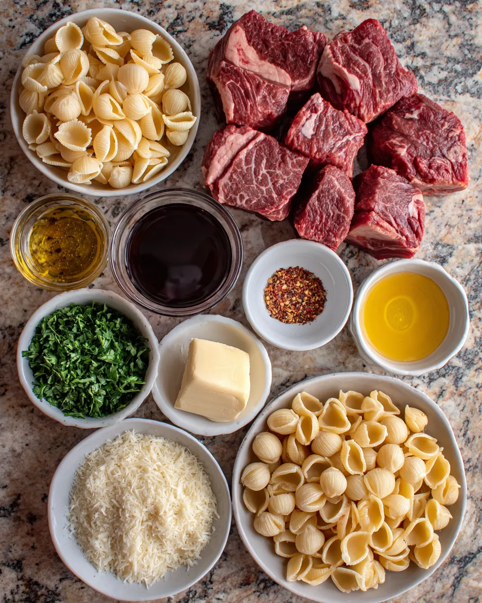 Ingredients for Savory Steak Bites and Shell Pasta: A Mouthwatering Duo
