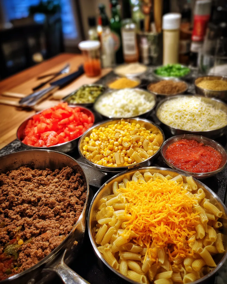 Ingredients for Irresistibly Cheesy Beef Taco Pasta Skillet