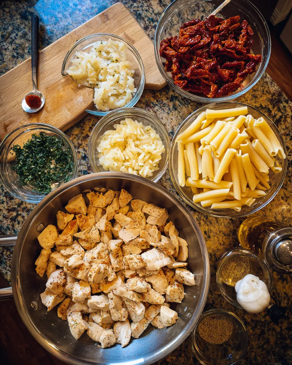 Ingredients for Indulgent Creamy Sun-Dried Tomato Chicken Pasta