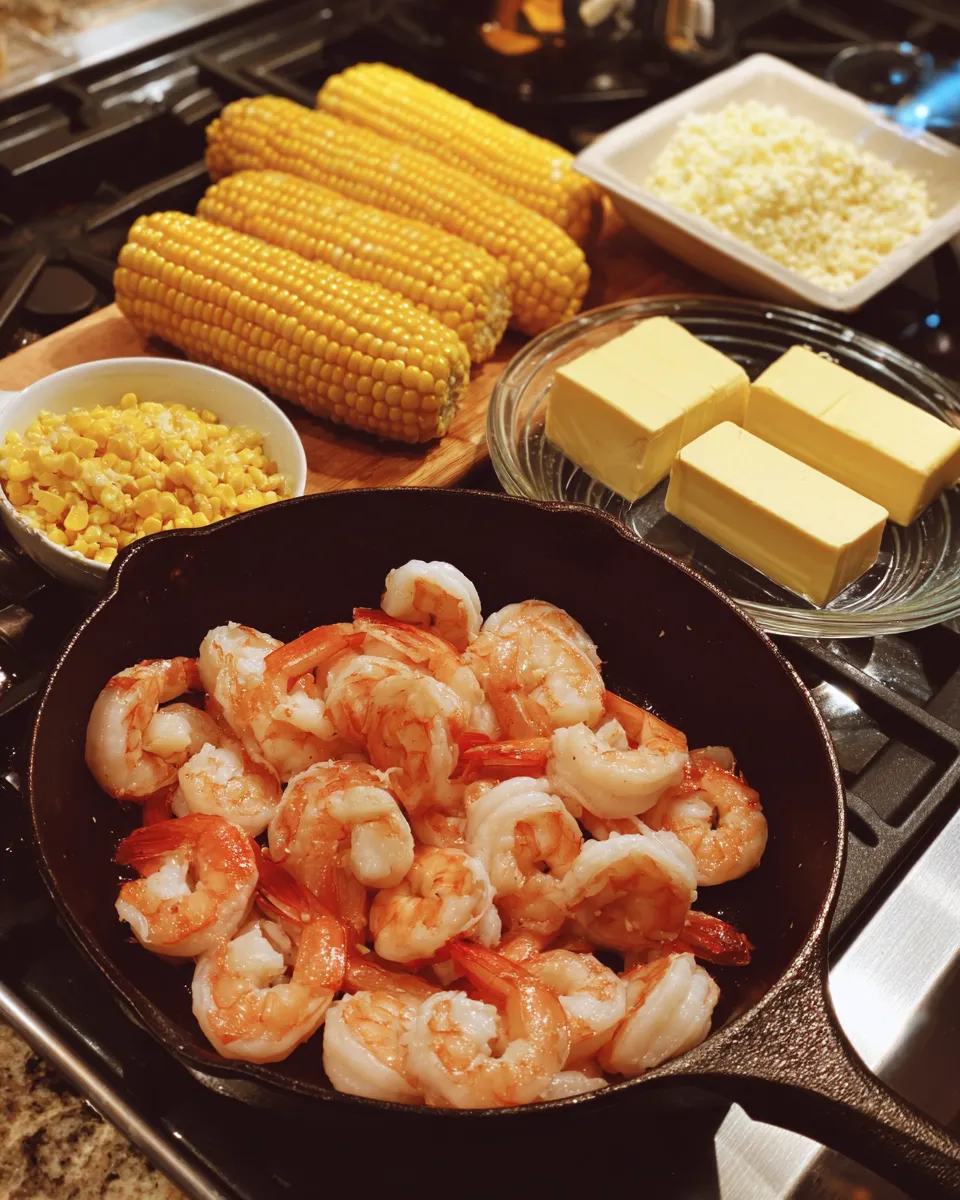 Ingredients for Irresistible Garlic Butter Shrimp and Corn Skillet