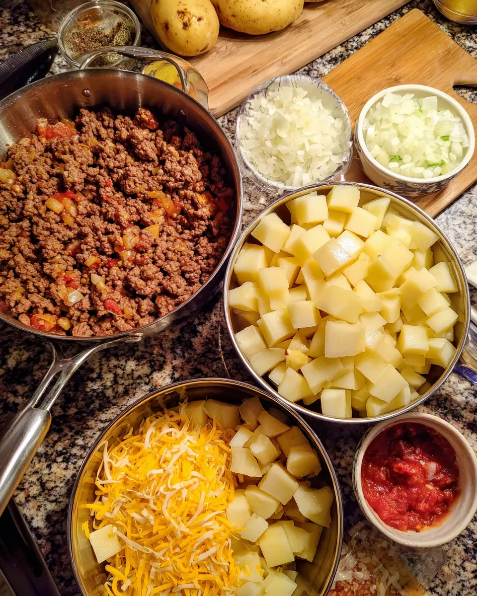 Ingredients for Irresistibly Cheesy Loaded Cheeseburger Potato Casserole