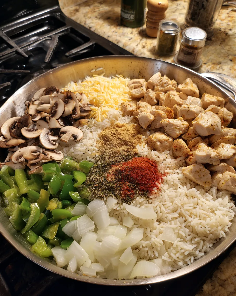 Ingredients for One-Pan Cheesy Chicken and Rice Bake: Indulge in Comfort