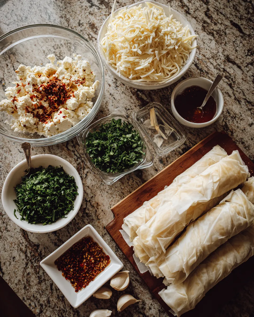 Ingredients for Deliciously Spicy Feta Rolls with Chili Honey